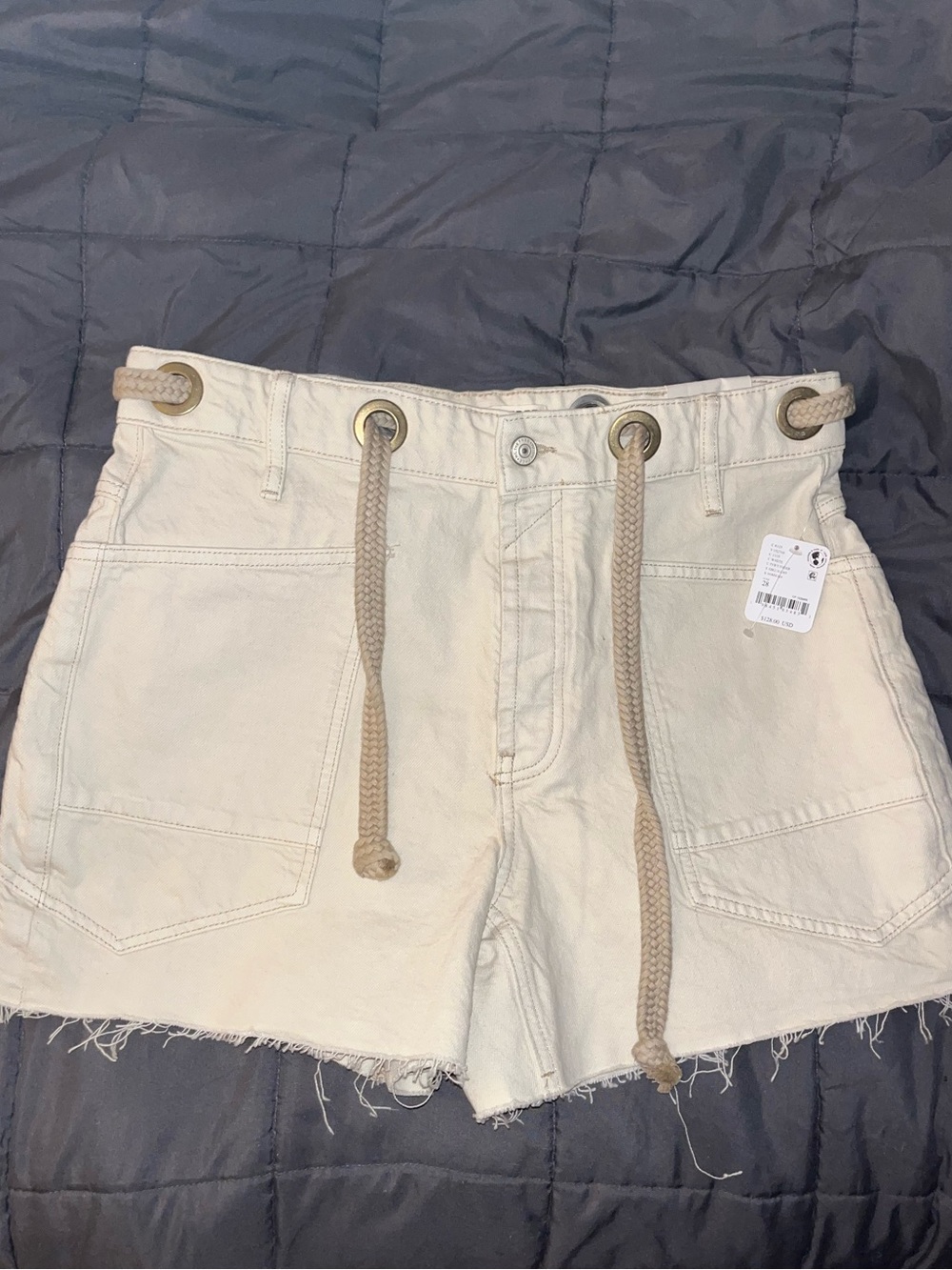 Free People Cream Rope-Waist Denim Shorts